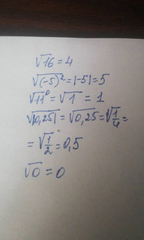 Проверьте равенство√16=4√(-5)^2=5√11^0=1√|0,25|=0.5√0=0​