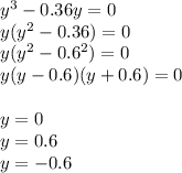 y^3-0.36y=0\\y(y^2-0.36)=0\\y(y^2-0.6^2)=0\\y(y-0.6)(y+0.6)=0\\\\y=0\\y=0.6\\y=-0.6