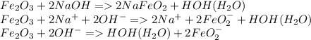 Fe_2O_3 + 2NaOH = 2NaFeO_2+HOH(H_2O)\\Fe_2O_3+2Na^++2OH^-=2Na^++2FeO_2^-+HOH(H_2O)\\Fe_2O_3+2OH^-=HOH(H_2O)+2FeO_2^-