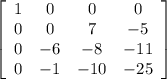 \left[\begin{array}{cccc}1&0&0&0\\0&0&7&-5\\0&-6&-8&-11\\0&-1&-10&-25\end{array}\right]