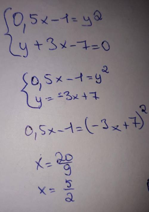 (0,5x - 1 = y2,(y + 3x - 7 = 0;
