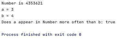 C++. Дано натуральное число. Верно ли, что цифра a встречается в нем реже, чем цифра b?​