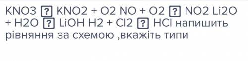 KNO3  KNO2 + O2 NO + O2  NO2 Li2O + H2O  LiOH H2 + Cl2  HCl напишить рівняння за схемою ,вкажіть