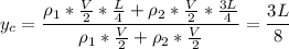 \displaystyle y_c=\frac{\rho_1*\frac{V}{2}*\frac{L}{4}+\rho_2*\frac{V}{2}*\frac{3L}{4} }{\rho_1*\frac{V}{2}+\rho_2*\frac{V}{2} }=\frac{3L}{8}