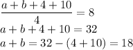 \dfrac{a+b+4+10}{4}=8\\a+b+4+10=32\\a+b=32-(4+10)=18