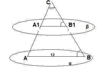 Сторона АВ треугольника АВС лежит в плоскости альфа.Плоскость бетта параллельна плоскости альфа и пе