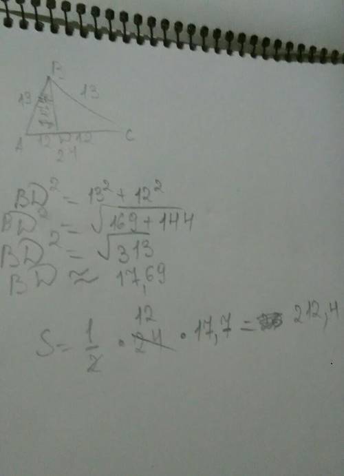 Обчислити площу рівнобедреного трикутника довжина бічної сторони якого 13 см. а довжина основи 24​