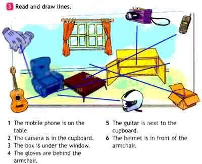 Read and draw lines. 1 The mobile phone is on thetable.2 The camera is in the cupboard.3 The box is
