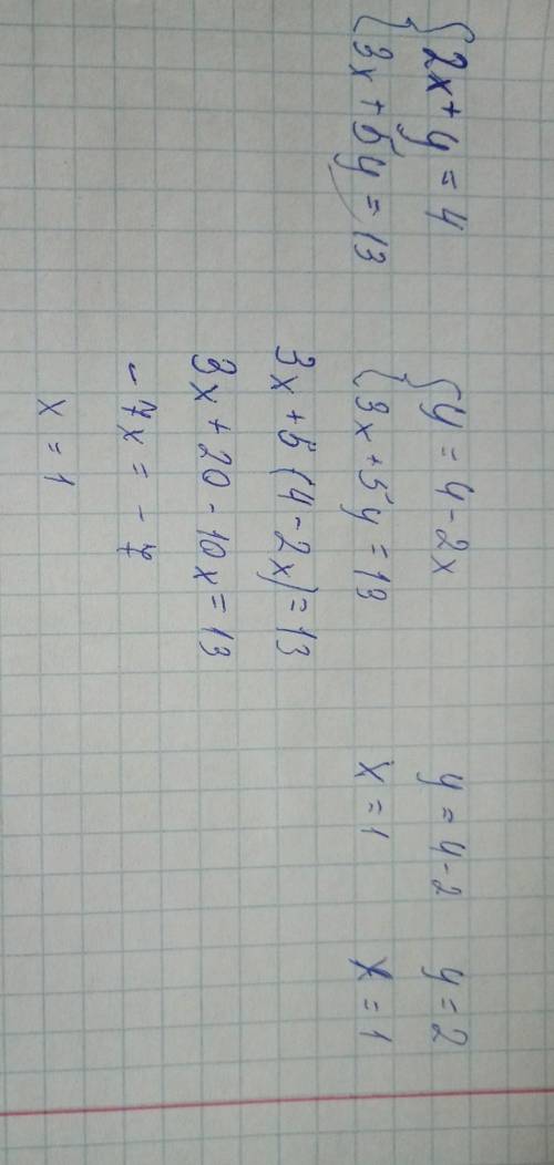 Розв'яжіть методом підстановки 2х+у=43х+5у=13​