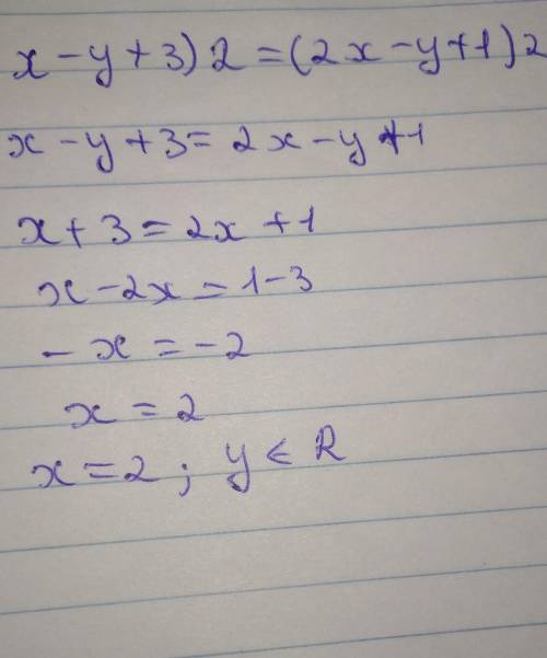 Розв'язати рівняння:(x-y+3)2=(2x-y+1)2​