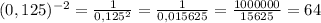 (0,125)^{-2}=\frac{1}{0,125^2}= \frac{1}{0,015625}=\frac{1 000 000}{15625} =64