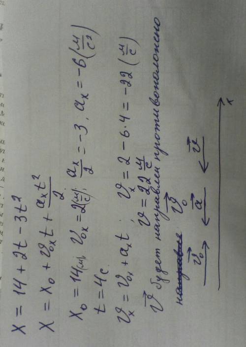 Движение тела описывается уравнением x=14+2t-3t^2. Определите модуль скорости тела через 4с после на