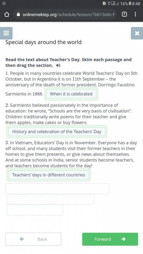 Special days around the world Read the text about Teacher's Day. Skim each passage and then drag the