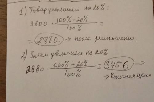 Товар в магазине стоил 3600 руб. сначала стоимость снизилась на 20%, а потом повысили на 20%. Какова