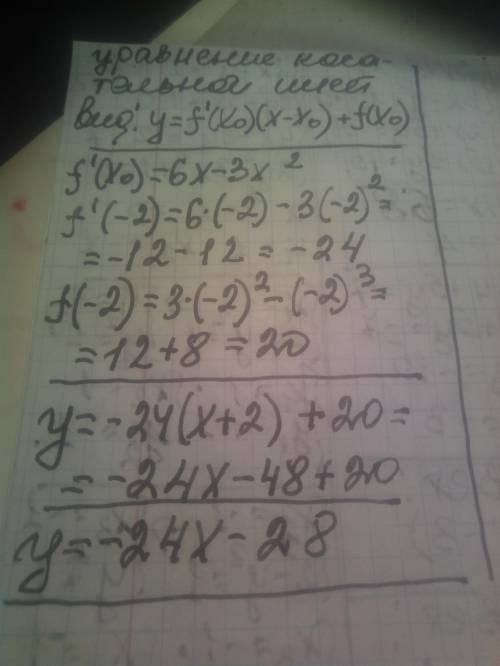 Знайдіть рівняння дотичної до графіка функції f(x) = 3х^2-х^3 у точці з абсцисою хо=-2.