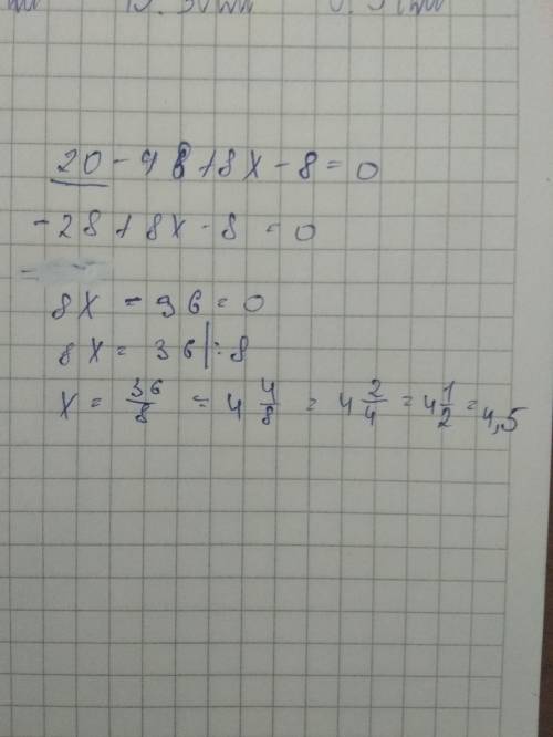 Решите уравнения 20-8(6-x) =8 Найдите значение выражения 7/6:5/3-3/10 4,16-5,8:2 (b-2)квадрате-4(3-b