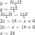 y = \frac{2x - 18}{5} \\ y = \frac{x + 6}{5} \\ \frac{2x - 18}{5} = \frac{x + 6}{5} \\ 2x - 18 = x + 6 \\ 2x - x = 18 + 6 \\ x = 24