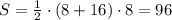 S = \frac{1}{2} \cdot (8 + 16) \cdot 8 = 96