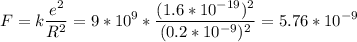 \displaystyle F=k\frac{e^2}{R^2}=9*10^9*\frac{(1.6*10^{-19})^2}{(0.2*10^{-9})^2}= 5.76*10^{-9}