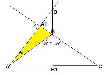 В равнобедренном треугольнике ABC угол B равен 110 градусов. Определите угол между прямой, содержаще