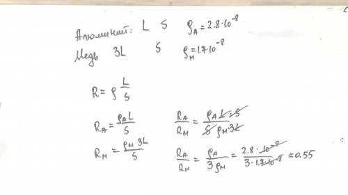 Есть 2 проводника. Один из меди, другой из алюминия. Длина медного в 3 раза больше алюминиевого, пло