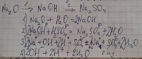 Осуществите следующий превращения, напишите молекулярные и ионные уравнения: 1) Na2O → NaOH → Na2SO4