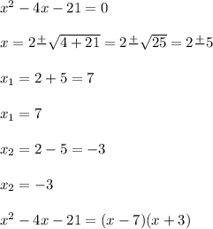 x^2-4x-21=0\\\\x=2\frac{+}{} \sqrt{4+21} =2\frac{+}{} \sqrt{25} =2\frac{+}{} 5}\\\\x_1=2+5=7\\\\x_1=7\\\\x_2=2-5=-3\\\\x_2=-3\\\\x^2-4x-21=(x-7)(x+3)
