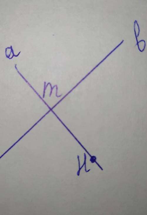 Начертите прямые а и б пересекающиеся в точке м на прямой а отметьте точку н