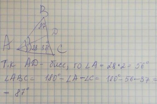 В треугольнике АВС угол АСВ равен 37°, угол CAD равен 28°, AD - биссектриса. Найдите величину угла А