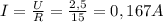 I=\frac{U}{R} = \frac{2,5}{15} =0,167A