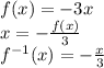 f(x) =-3x\\x=-\frac{f(x)}{3} \\f^{-1}(x)=-\frac{x}{3}