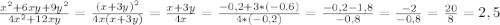 \frac{x^2+6xy+9y^2}{4x^2+12xy}=\frac{(x+3y)^2}{4x(x+3y)}=\frac{x+3y}{4x}=\frac{-0,2+3*(-0,6)}{4*(-0,2)}=\frac{-0,2-1,8}{-0,8}=\frac{-2}{-0,8}=\frac{20}{8}=2,5