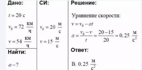 Скорость поезда за 20 с уменьшилась с 72 км/ч до 54км/ч. Через какое время поезд остановится? Какой