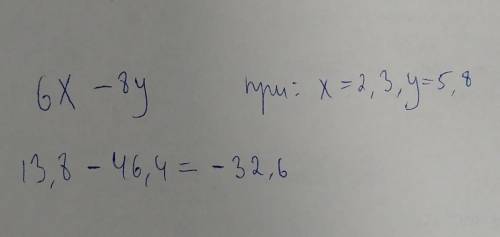 Найдите значение выражения 6x-8y при x=2,3, y=5,8​