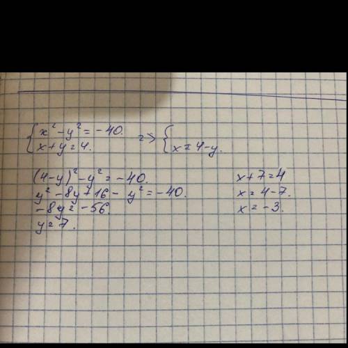 Решите систему x^2-y^2 = -40 x+y = 4