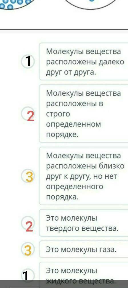 На рисунке показано расположение молекул в 3 состояниях вещества. Установи соответствие между данным