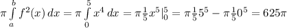 \pi \int\limits^b_a {f^2(x)} \, dx =\pi \int\limits^5_0 {x^4} \, dx =\pi \frac{1}{5} x^5|\limits^5_0=\pi \frac{1}{5}5^5-\pi \frac{1}{5} 0^5= 625\pi