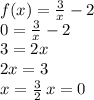 f(x) = \frac{3}{x} - 2 \\ 0 = \frac{3}{x } - 2 \\ 3 = 2x \\ 2x = 3 \\ x = \frac{3}{2} \: x = 0