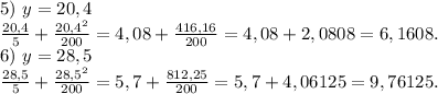 5)\ y=20,4\\\frac{20,4}{5}+\frac{20,4^2}{200}=4,08+\frac{416,16}{200}=4,08+2,0808=6,1608.\\ 6)\ y=28,5\\\frac{28,5}{5} +\frac{28,5^2}{200}=5,7+\frac{812,25}{200}=5,7+4,06125=9,76125.