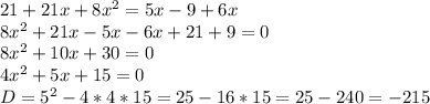 21+21x+8x^2=5x-9+6x\\8x^2+21x-5x-6x+21+9=0\\8x^2+10x+30=0\\4x^2+5x+15=0\\D=5^2-4*4*15=25-16*15=25-240=-215