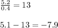\frac{5.2}{0.4} = 13 \\ \\ 5.1 - 13 = - 7.9