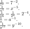 \frac{1}{7^2}=7^{-2}.\\\frac{1}{x^5} =x^{-5}.\\\frac{1}{16}=\frac{1}{2^4}=2^{-4}.\\\frac{1}{a}=a^{-1}.\\\frac{1}{y^{10}} =y^{-10}.