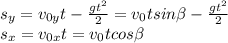 s_{y}=v_{0y}t-\frac{gt^2}{2} =v_{0}tsin\beta -\frac{gt^2}{2}\\s_{x}=v_{0x}t=v_{0}tcos\beta