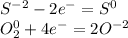 S^{-2}-2e^-=S^0\\O^{0}_{2}+4e^-=2O^{-2}