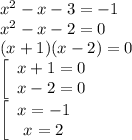 x^2-x-3=-1\\x^2-x-2=0\\(x+1)(x-2)=0\\\left[\begin{array}{ccc}x+1=0\\x-2=0\end{array}\right\\\left[\begin{array}{ccc}x=-1\\x=2\end{array}\right