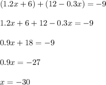 (1.2x+6)+(12-0.3x)=-9\\\\1.2x+6+12-0.3x=-9\\\\0.9x+18=-9\\\\0.9x=-27\\\\x=-30