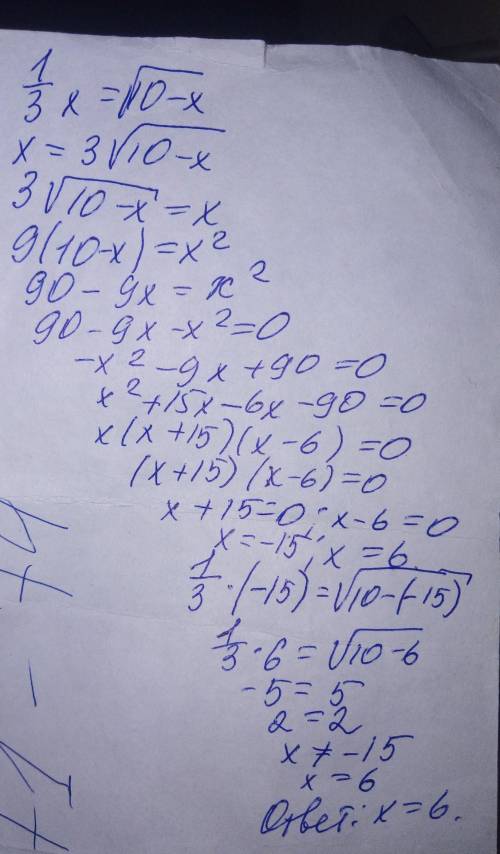 Используя свойство монотонности функции,решите уравнение: 1/3x=корень из 10-x