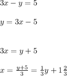 3x-y=5\\\\y=3x-5\\\\\\3x=y+5\\\\x=\frac{y+5}{3}=\frac{1}{3}y+1\frac{2}{3}