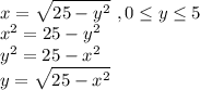 \displaystyle\\x=\sqrt{25-y^2}\,\, , 0\leq y\leq 5\\x^2=25-y^2\\y^2=25-x^2\\y=\sqrt{25-x^2}