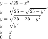 y=\sqrt{25-x^2}\\y=\sqrt{25-\sqrt{25-y^2}^2}\\y=\sqrt{25-25+y^2}\\y=\sqrt{y^2}\\y=y\\0=0